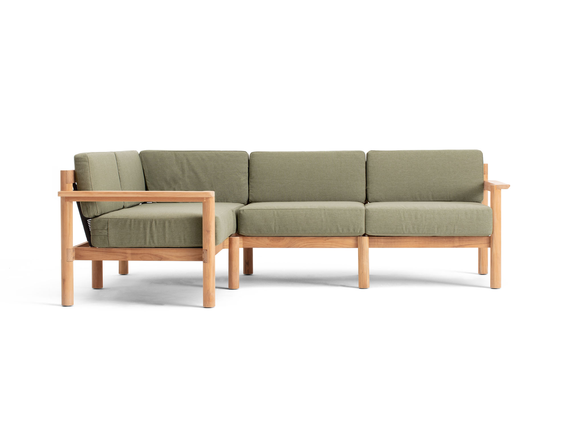 Front view of 4-piece outdoor sectional with green cushions